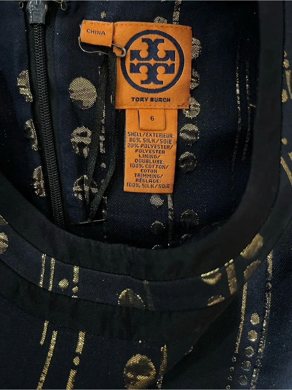 Tory Burch Navy Sleeveless Shift Dress with Metallic Dot Stripes